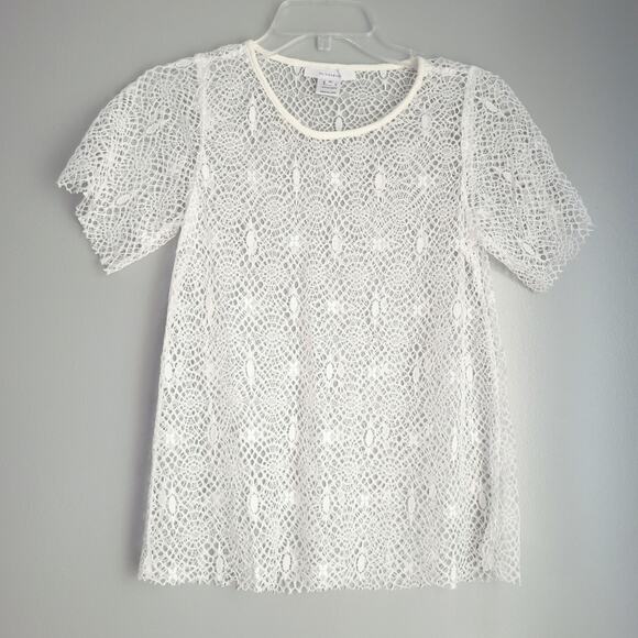 Olivaceous Sheer Short Sleeve Top White Medium Floral Crochet Lace, Raw Hem - Picture 1 of 3